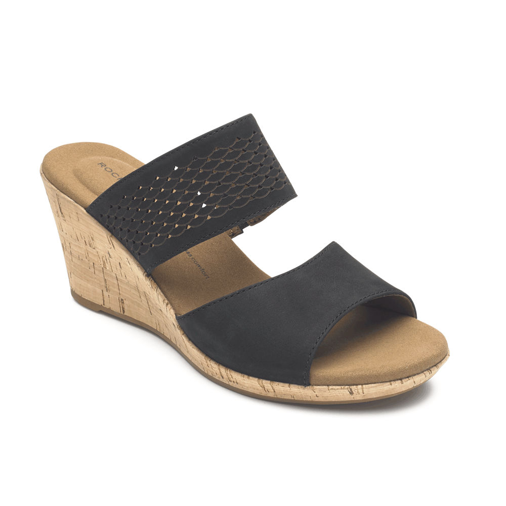 Sandálias Rockport Mulher Pretas - Briah Double Band Slip-On Wedge - 53801ONRX